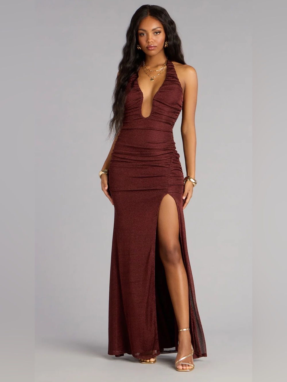 WINDSOR LETINA METALLIC KNIT MERMAID FIRMAL DRESS IN BURGUNDY SZ LARGE NWT